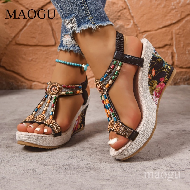 Boho Beaded Floral Wedge Sanda - Ethnic Fashion Women recension och pris